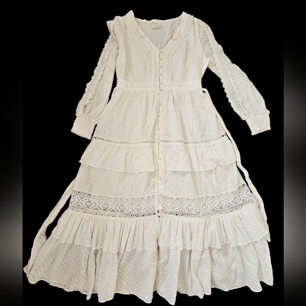 Champagne And Strawberries Bohemian Chic Cottagecore White Lace Maxi Dress Sz M